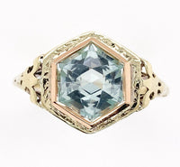 14k Yellow Gold Art Deco Filigree Ring w/Specialty Hexagon Cut Aquamarine #J6544