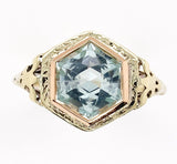14k Yellow Gold Art Deco Filigree Ring w/Specialty Hexagon Cut Aquamarine #J6544