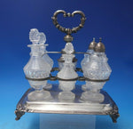 Silverplate Cruet Set 7 Piece with Footed Caddy and 6 Glass Bottles (#6489)