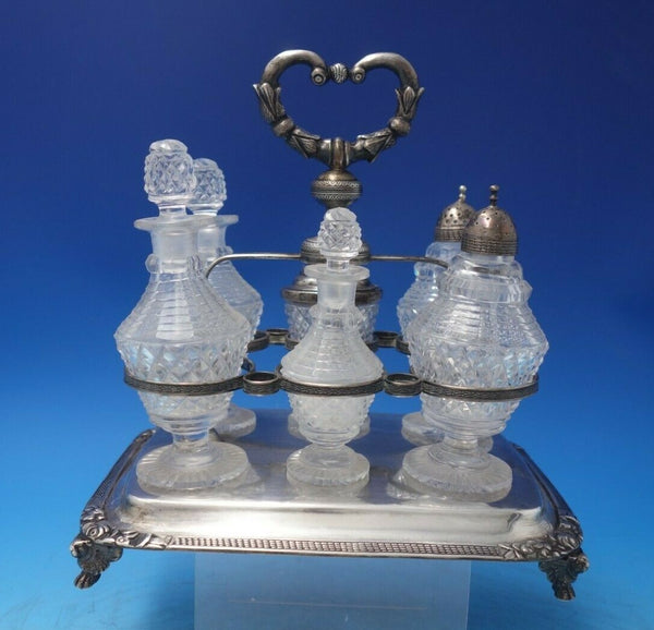 Silverplate Cruet Set 7 Piece with Footed Caddy and 6 Glass Bottles (#6489)