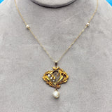 14k Yellow Gold Pearl Lily of the Valley Art Nouveau Pendant Jewelry (#J6160)