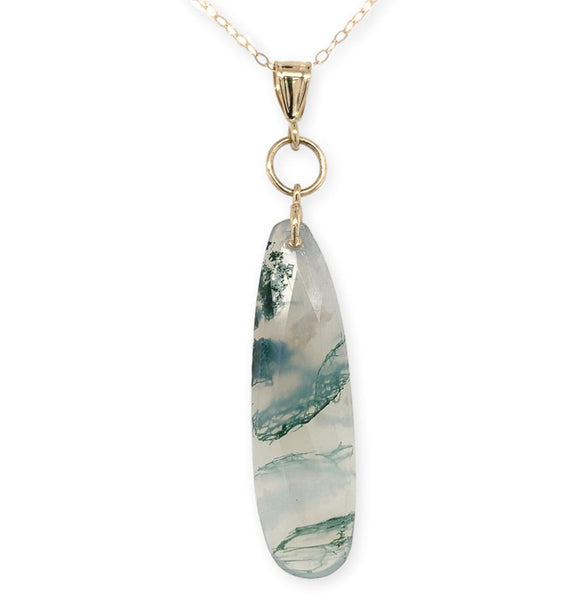 14k Gold 8.28 Carat Genuine Natural Moss Agate Teardrop Pendant w/Chain (#J7260)