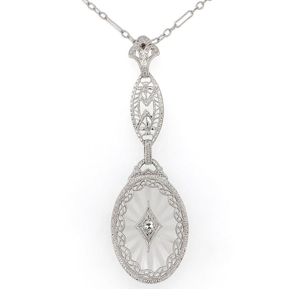 10k Gold Filigree Genuine Natural Rock Crystal Diamond Pendant w/Chain (#J6501)
