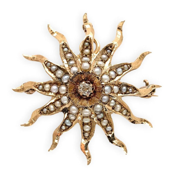 14k Rose Gold Starburst Diamond and Seed Pearl Pin Pendant Jewelry (#J6958)