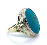 14k Yellow Gold Art Deco Teal Genuine Natural Turquoise Filigree Ring (#J5198)