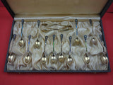 Norwegian Sterling Silver Coffee Spoon & Tongs 13-pc Set in Original Box Enamel