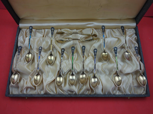 Norwegian Sterling Silver Coffee Spoon & Tongs 13-pc Set in Original Box Enamel