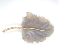 16k Yellow Gold .666 Large Carved Genuine Natural Chalcedony Leaf Pin (#J6234)