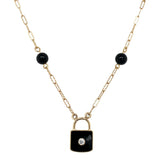 14k Gold Necklace w/Genuine Diamond Black Enamel Lock Pendant and Beads (#J7571)