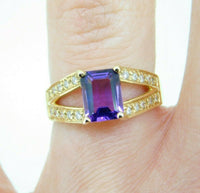 14k Gold Emerald Cut 1.40ct Genuine Natural Amethyst Ring with Diamonds (#J2363)