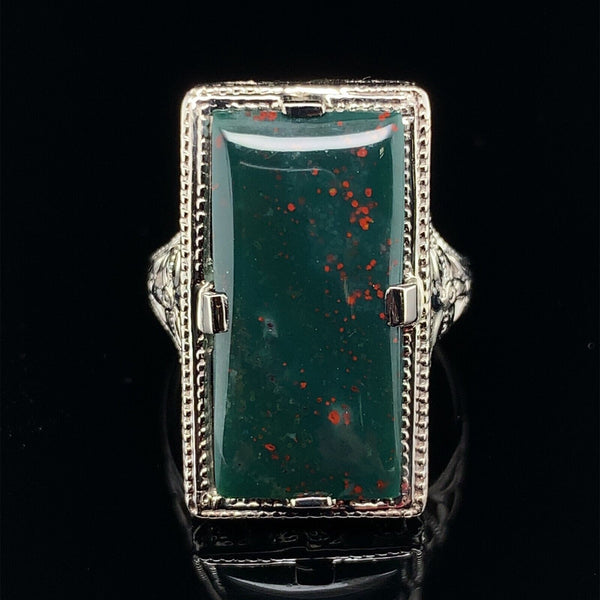 14k White Gold Filigree Art Deco Genuine Natural Bloodstone Ring (#J5785)