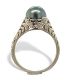 14k White Gold Filigree Deco Style 7.5mm Tahitian Black Pearl Ring 4.25 (#J7564)