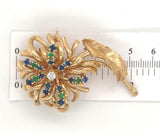 14k Gold Genuine Diamond Sapphire Emerald Flower Pin by Dan Frere (#J7040)