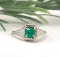 18k White Gold Filigree Art Deco .39ct Genuine Natural Emerald Ring (#J7199)