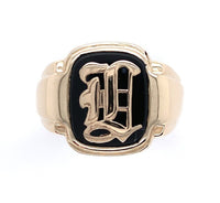 10k Yellow Gold Men's Genuine Natural Black Onyx Ring with Initial (#J6363)