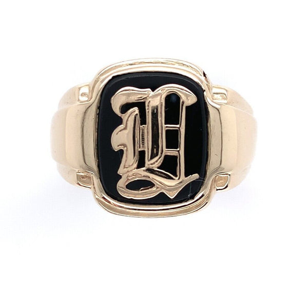10k Yellow Gold Men's Genuine Natural Black Onyx Ring with Initial (#J6363)