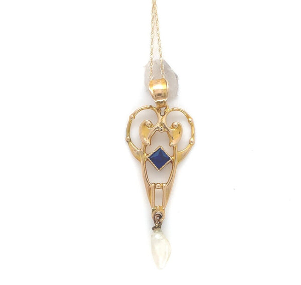 10k Yellow Gold Victorian Lavaliere Pendant with Blue Glass Pearl Drop (#J6438)