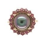 14k White Gold 9.5mm Black Tahitian Pearl and Raspberry Sapphire Ring (#J7019)