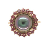 14k White Gold 9.5mm Black Tahitian Pearl and Raspberry Sapphire Ring (#J7019)