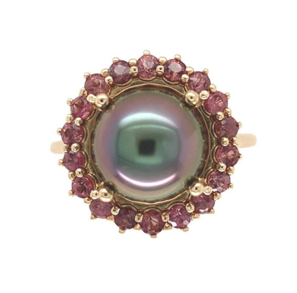 14k White Gold 9.5mm Black Tahitian Pearl and Raspberry Sapphire Ring (#J7019)