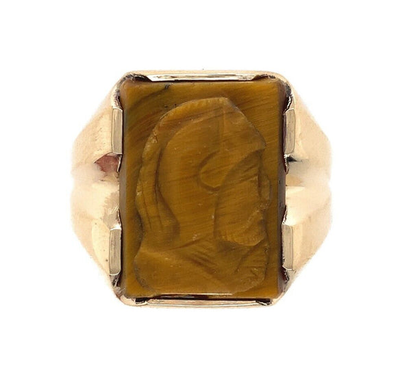 10k Yellow Gold Genuine Natural Tiger's Eye Men's Warrior Cameo Ring (#J6132)