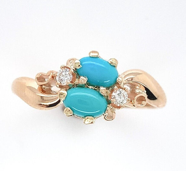 10k Rose Gold Victorian Genuine Natural Turquoise and Diamond Ring 5.5 (#J6569)
