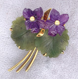 14k Yellow Gold Carved Genuine Amethyst Violet Flower and Jade Leaf Pin (#J7253)