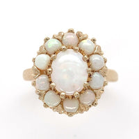 14k Yellow Gold Genuine Natural Opal Ring with an Oval Halo or Rosette (#J6454)