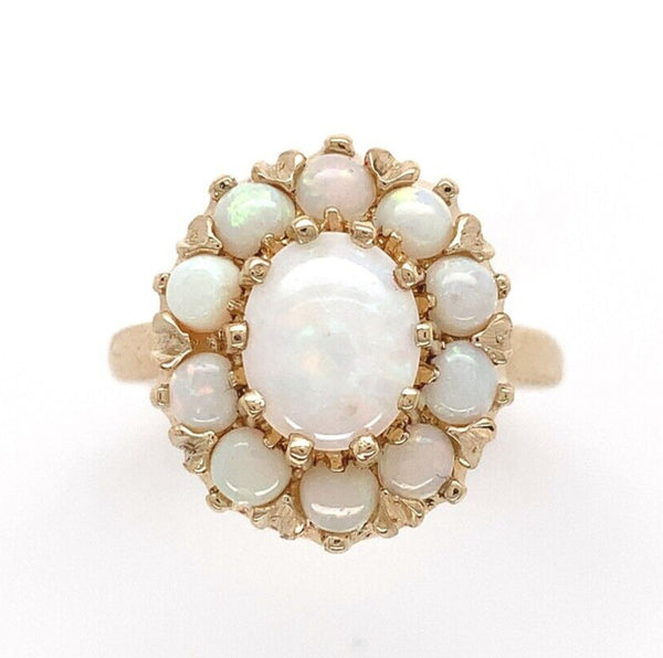 14k Yellow Gold Genuine Natural Opal Ring with an Oval Halo or Rosette (#J6454)
