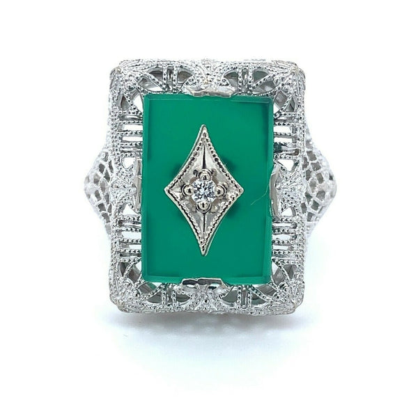 10k White Gold Filigree Genuine Natural Chrysoprase and Diamond Ring (#J4979)