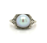 18k White Gold Art Deco 8mm Pearl Filigree Ring (#J5450)