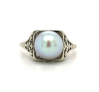 18k White Gold Art Deco 8mm Pearl Filigree Ring (#J5450)