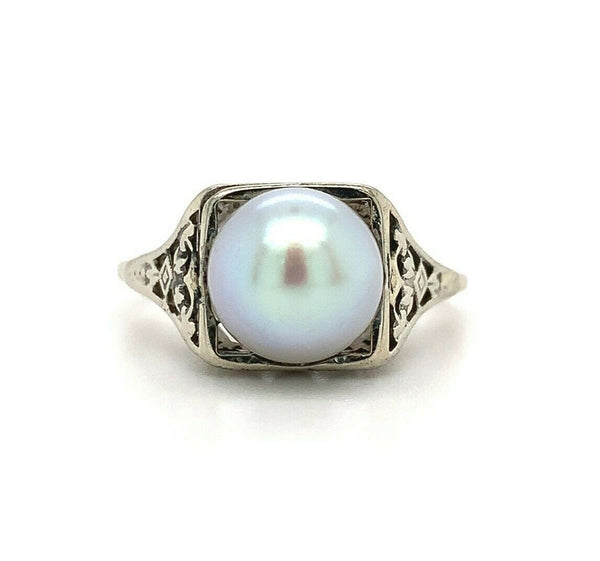 18k White Gold Art Deco 8mm Pearl Filigree Ring (#J5450)