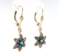 10k Yellow Gold Victorian Turquoise and Seed Pearl Flower Dangle Earrings #J6344