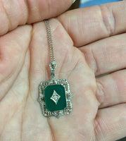 10k Gold Art Deco Genuine Natural Green Onyx Diamond Filigree Pendant (#J5315)