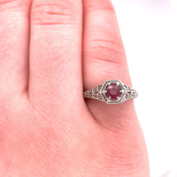 18k White Gold Art Deco .50ct Genuine Natural Ruby Filigree Ring (#J5630)