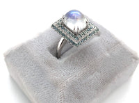 14k White Gold Rainbow Genuine Natural Moonstone Teal Sapphire Ring (#J6261)