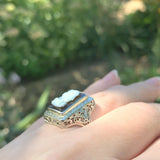 18k White Gold Filigree Genuine Natural Hard Stone Agate Cameo Ring (#J6215)