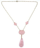 14k Yellow Gold Deco Carved Genuine Natural Rose Quartz Necklace (#J5926)