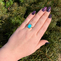 10k Gold Genuine Natural Turquoise Ring w/ Rose and Green Gold Flowers (#J6565)