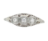 18k White Gold Three-Stone Genuine Natural Diamond Filigree Ring 8.75 (#J6821)