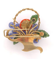 14k Gold Carved Coral and Chalcedony Flower and Jade Leaf Basket Pin (#J6237)