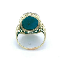 14k Yellow Gold Art Deco Teal Genuine Natural Turquoise Filigree Ring (#J5198)