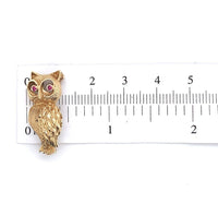 14k Yellow Gold Owl Pin with Genuine Natural Ruby Eyes 1" x 1/2" (#J6014)