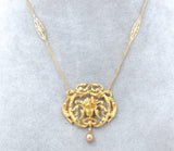18k Gold French Bouquet of Flowers Necklace w/ Pearl Drop and 18k Chain (#J7528)