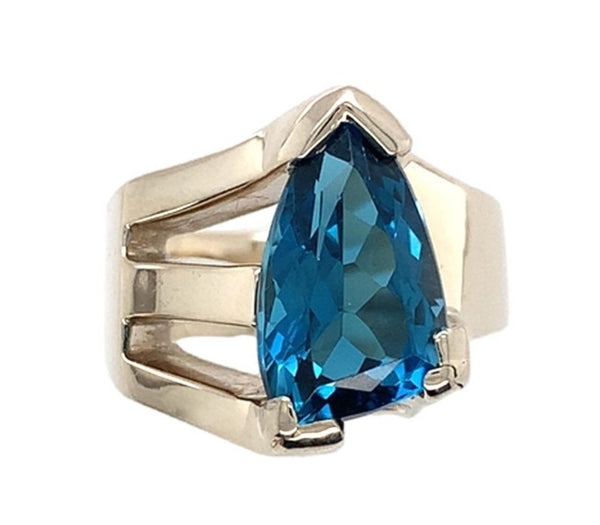 14k White Gold Heavy Modern Custom Genuine Natural Blue Topaz Ring (#J7313)