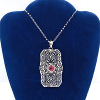 14k White Gold Art Deco Genuine Natural Ruby Filigree Pin Pendant (#J5601)