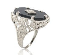 14k White Gold Floral Filigree Genuine Natural Black Onyx Diamond Ring (#J6599)
