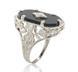 14k White Gold Floral Filigree Genuine Natural Black Onyx Diamond Ring (#J6599)