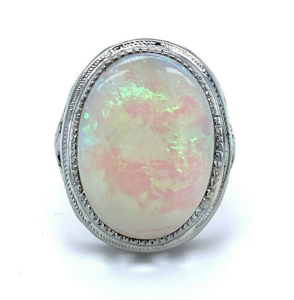 14k White Gold Filigree Large 4.70ct Genuine Natural Opal Ring (#J4988)